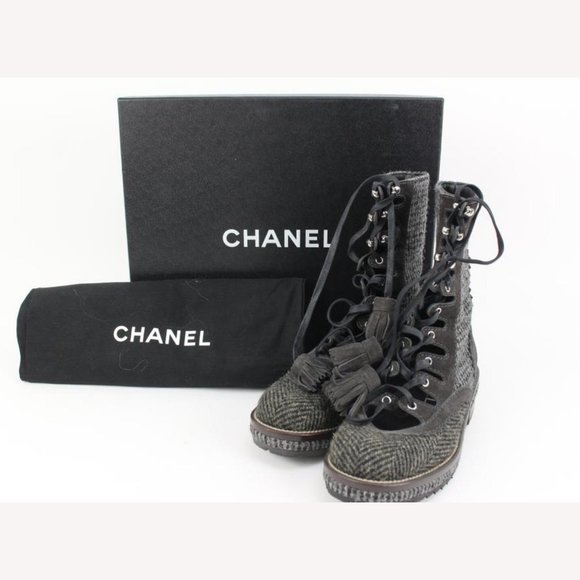 Chanel Size 36 CC Logo Tweed Combat Boots 40cz413s - Picture 2 of 12